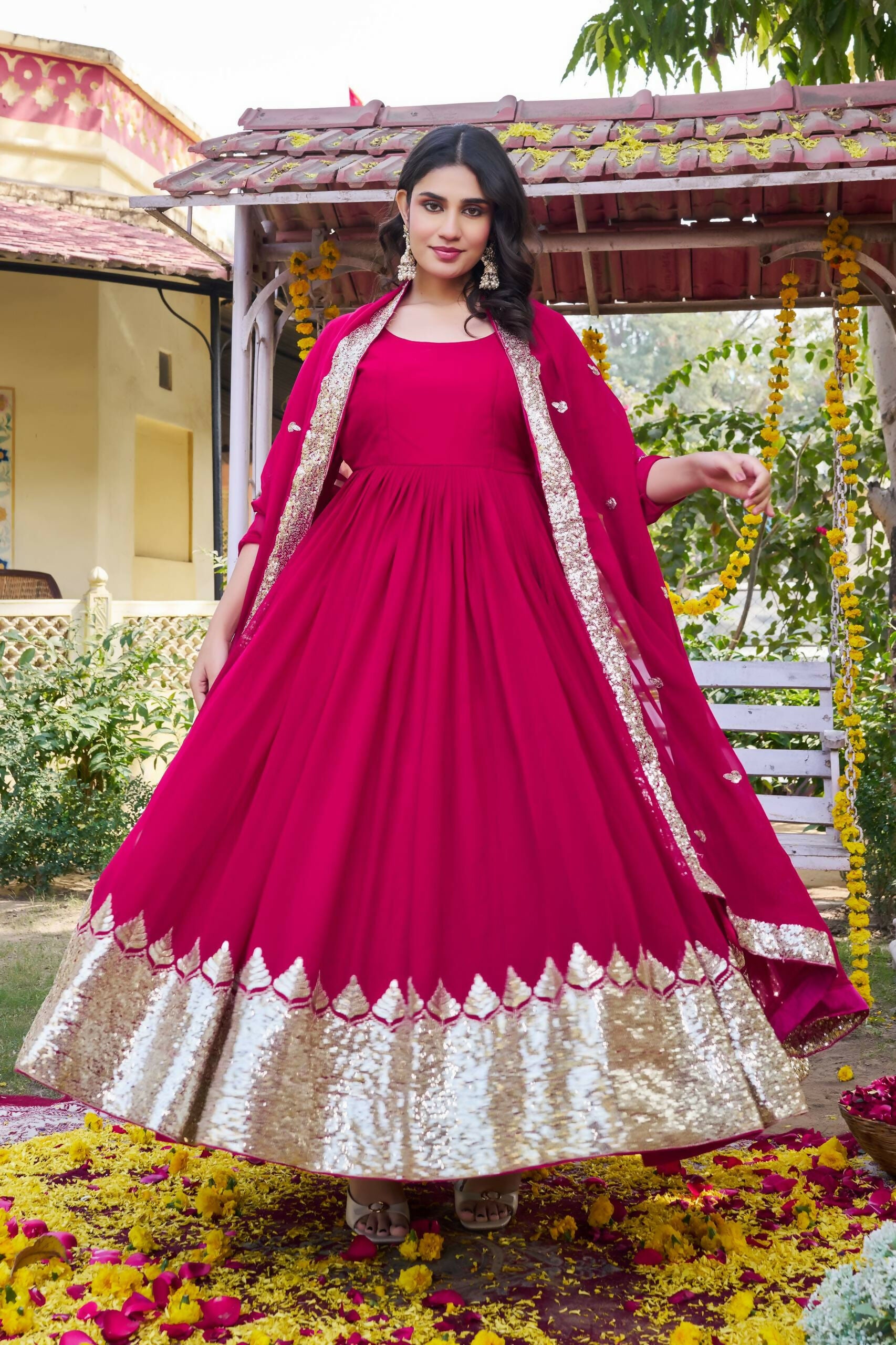 Teeya Creation Womens New Stylish Heavy Sequence Embroidery Work Pink Gown Set - Dista