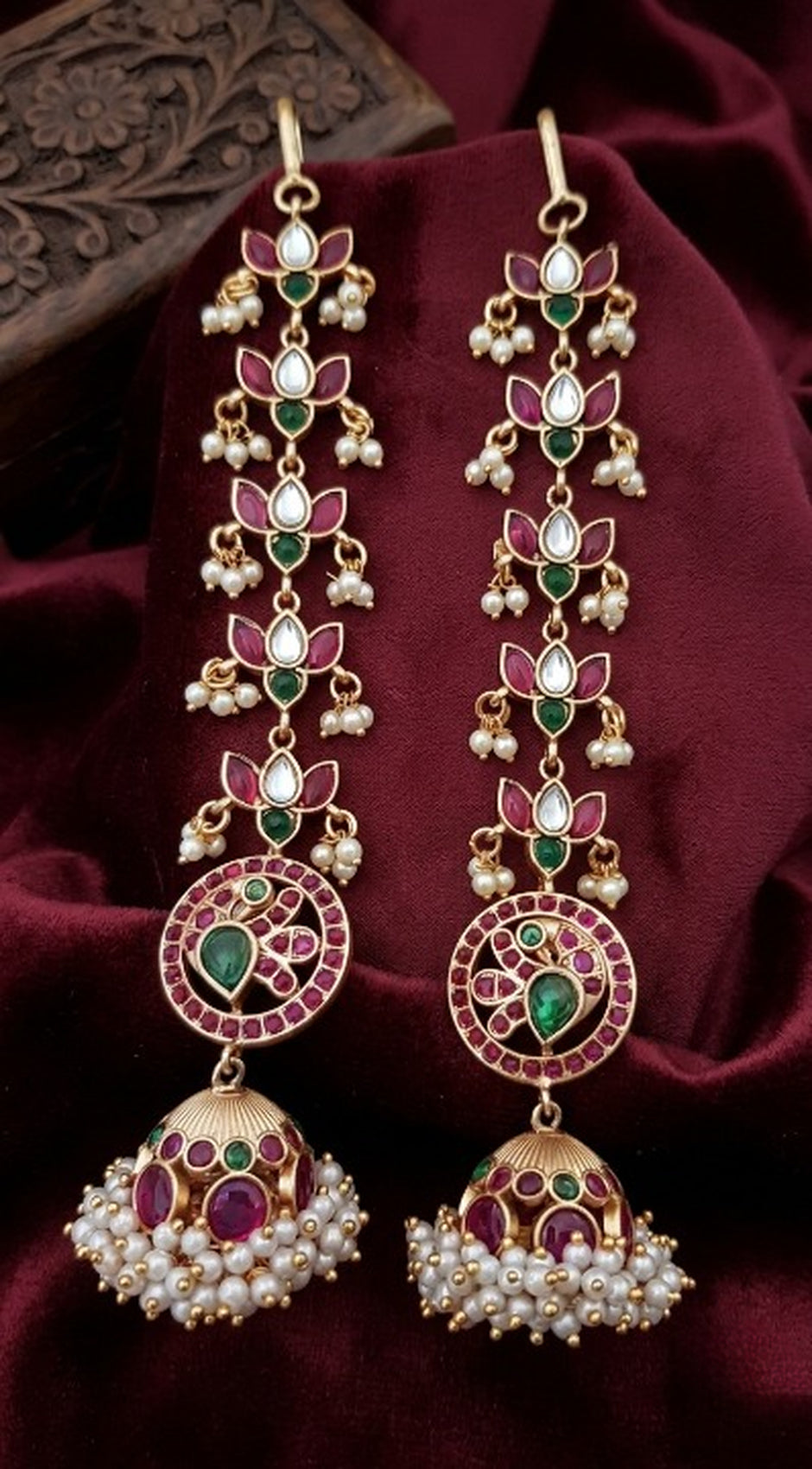 Jewel City Gold Kemp Jhumka Earrings With Matal Chain For Temple & Bridal Wedding Earrings - Dista