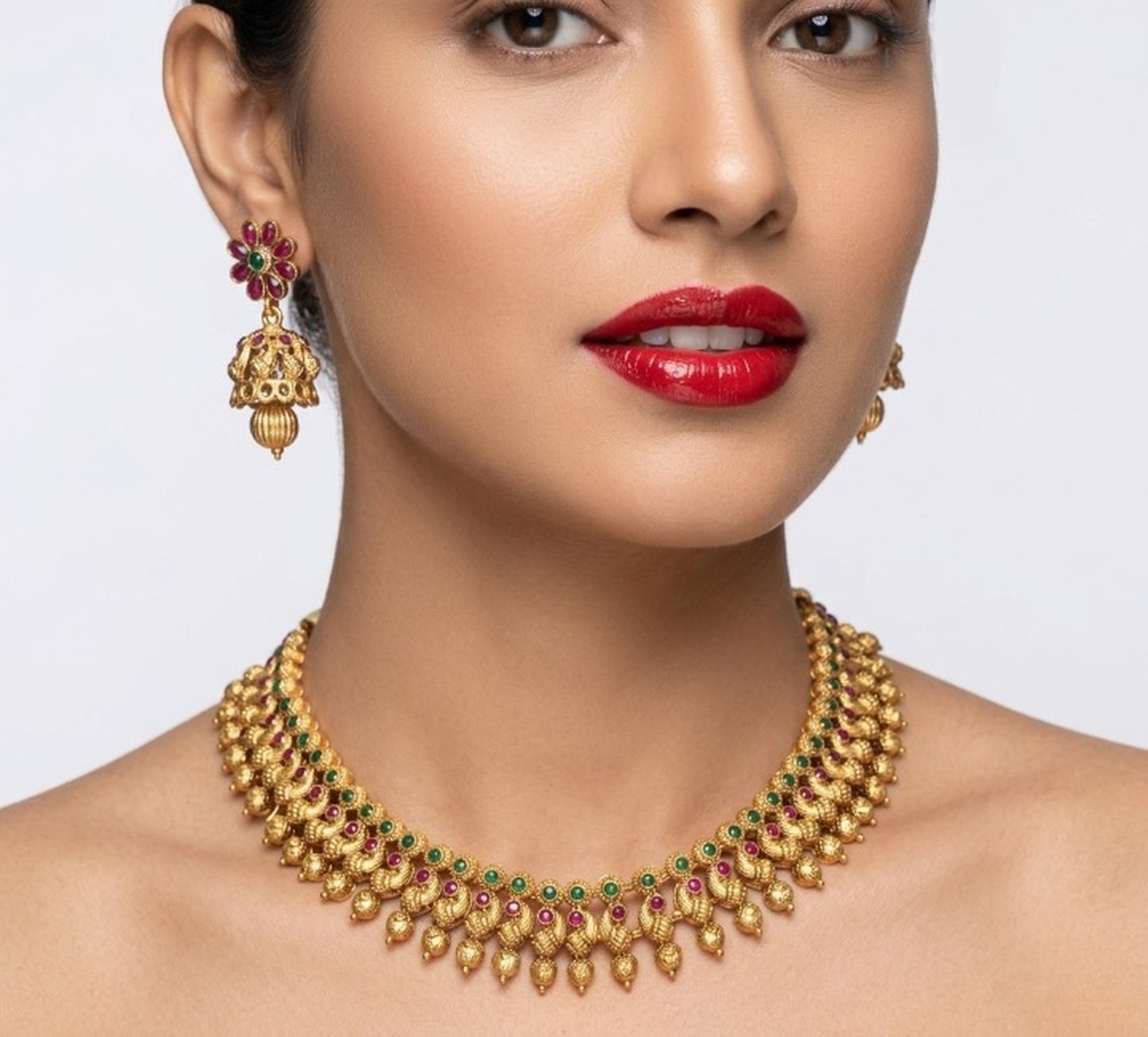 Jewel City Antique Gold Plated South Indian Temple Jewelry Set Choker Necklace Jhumka Earrings Wedding Festival - Dista