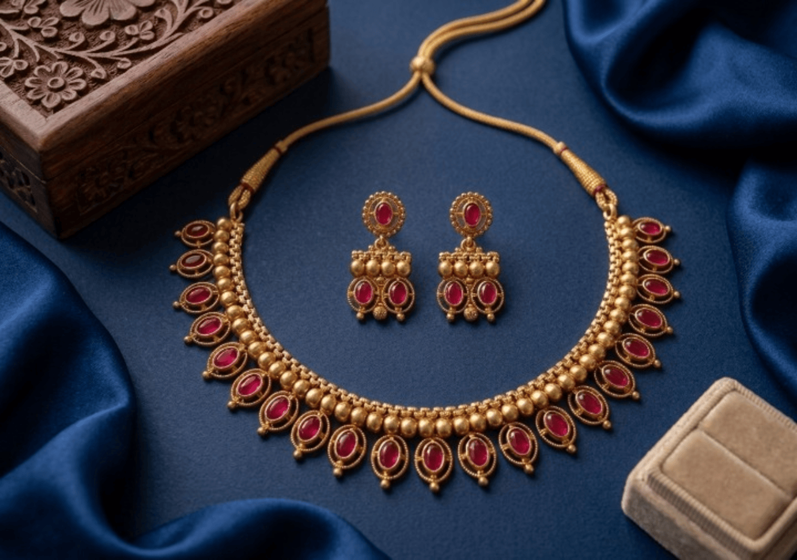 Jewel City Ruby Antique Gold Matte Temple Jewelry Set - Dista