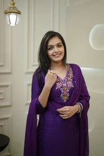 Thumbnail for The52 Purple Women's Gorgeous Vichitra Fabric Embroidered Work Straight Kurta Pant and Dupatta Set - Distacart