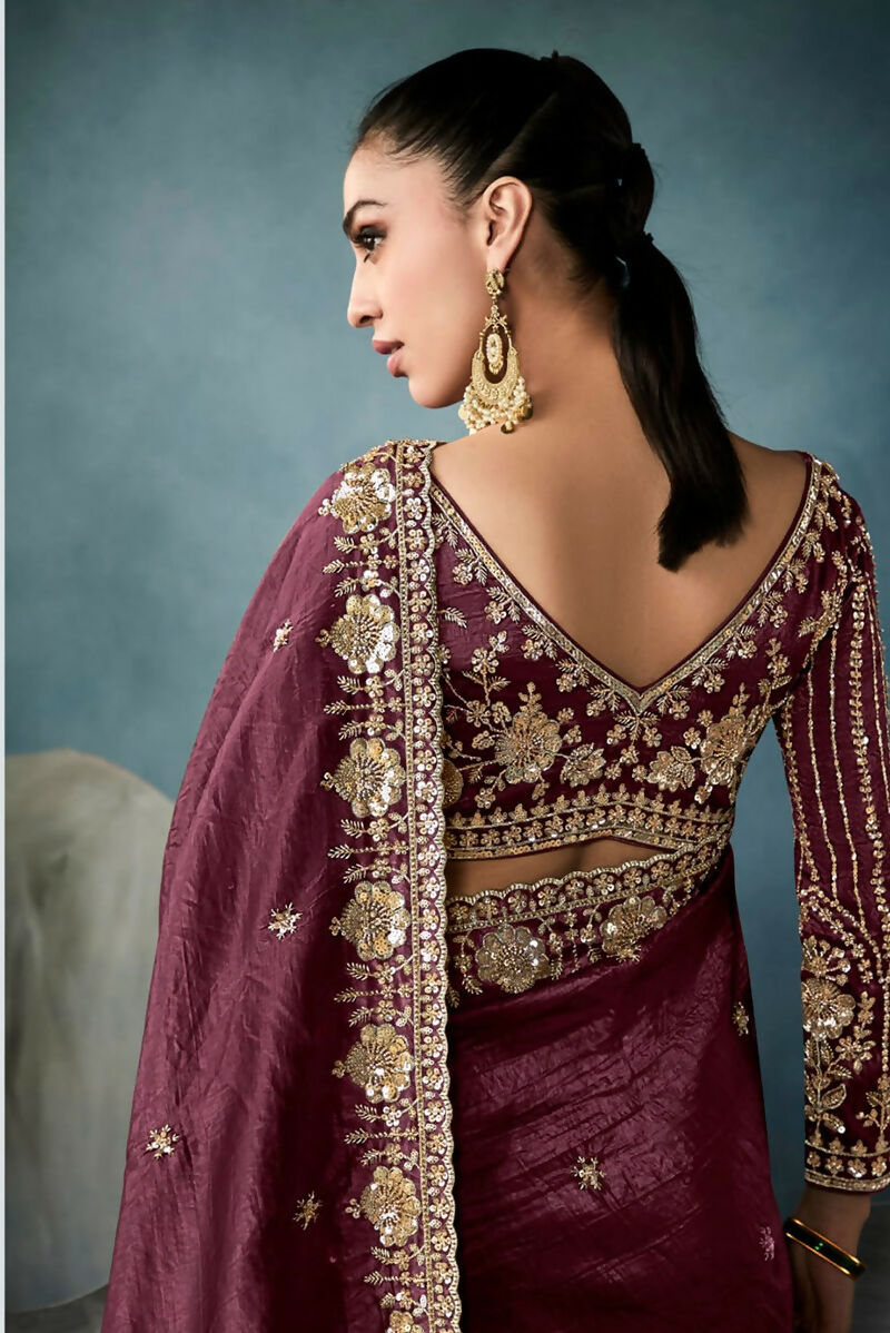 Monjolika Fashion Wine Tissue Embroidered Sequins And Zari Work Saree