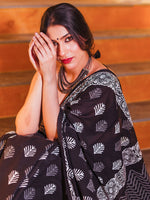 Thumbnail for Zibaa Hand-Blocked Pure Mul Cotton Black Saree