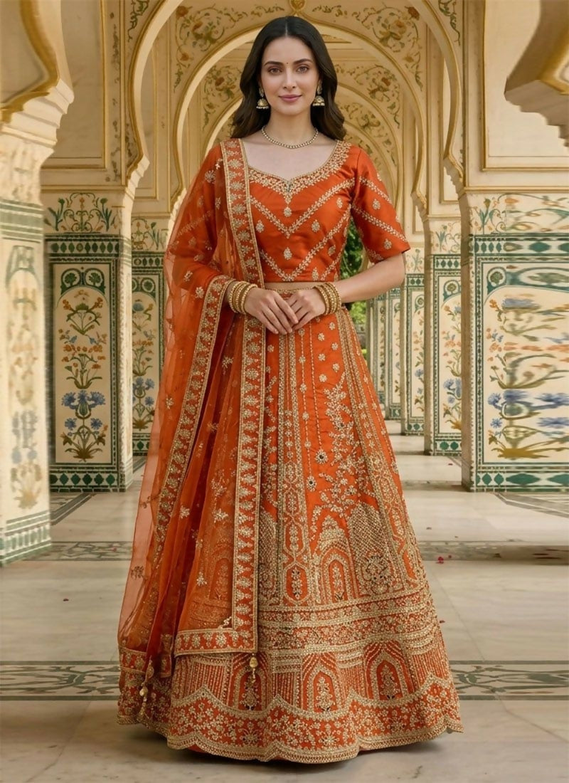 Lehenga Mart Rust Orange Heavy Silk With Fusing Designer Bollywood Style Wedding Wear Lehenga Choli - Dista