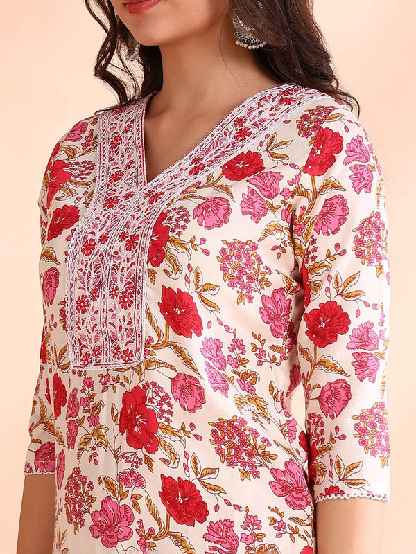Ode by House of Pataudi Floral Printed Pure Cotton Straight Kurta with Trousers & Dupatta - Distacart