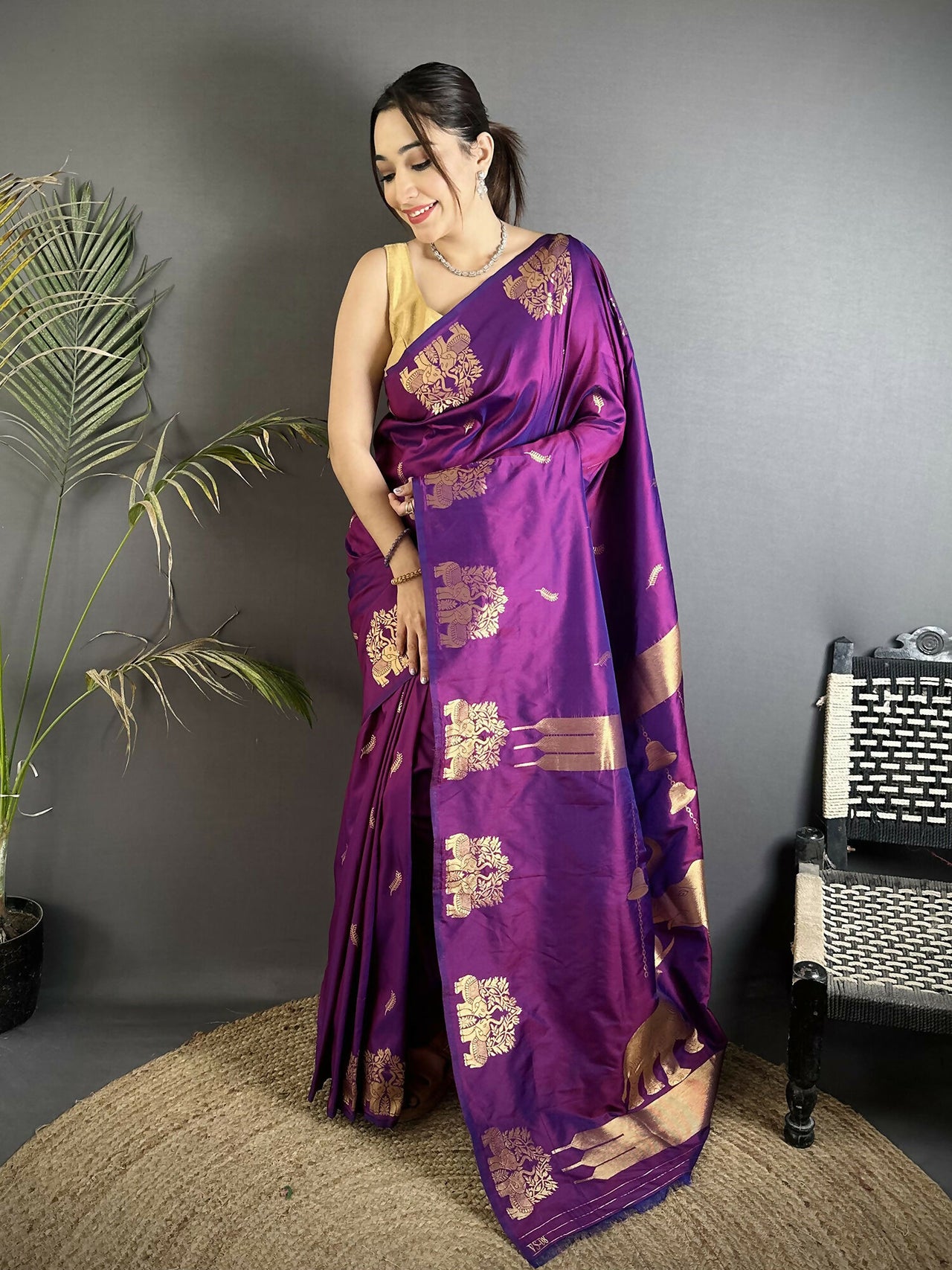 Joban Fashion Purple Motifs Zari Weaving Soft Silk Banarasi Saree - Dista