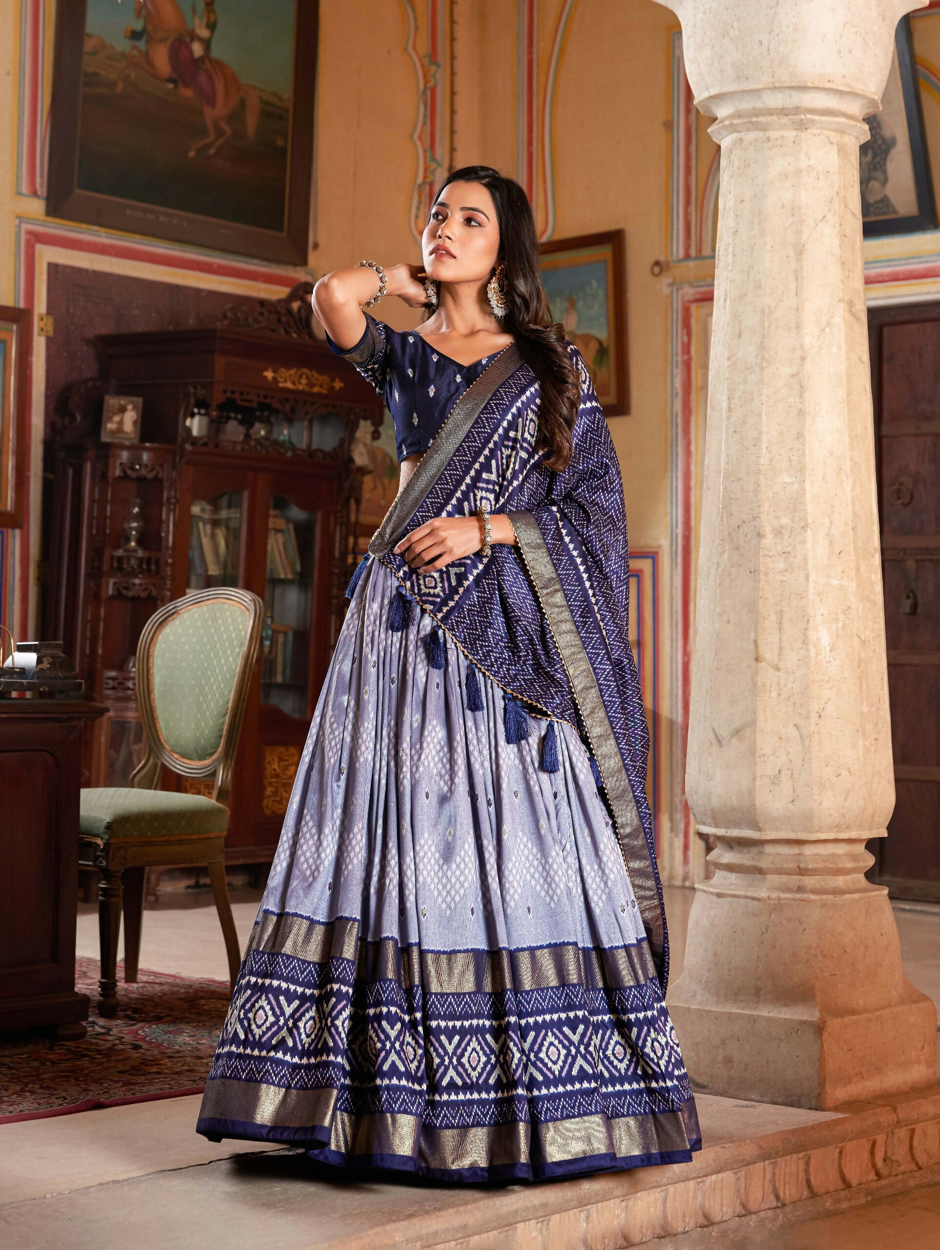Vastranavya Occasionaly Tussar Silk Dot And Ikkat Print With Foil Work Lehenga Choli - Navy Blue - Distacart