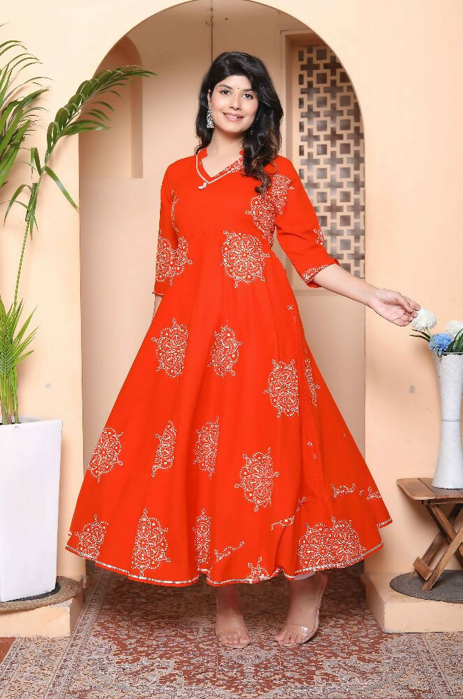 Miravan Womens Orange V-Neck Printed Anarkali Style Kurta - Distacart