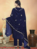 Thumbnail for Aastha Fashion Women's Navy Blue Velvet Cording with Resham Thread & Sequin Kurta with Trouser & Dupatta - Distacart