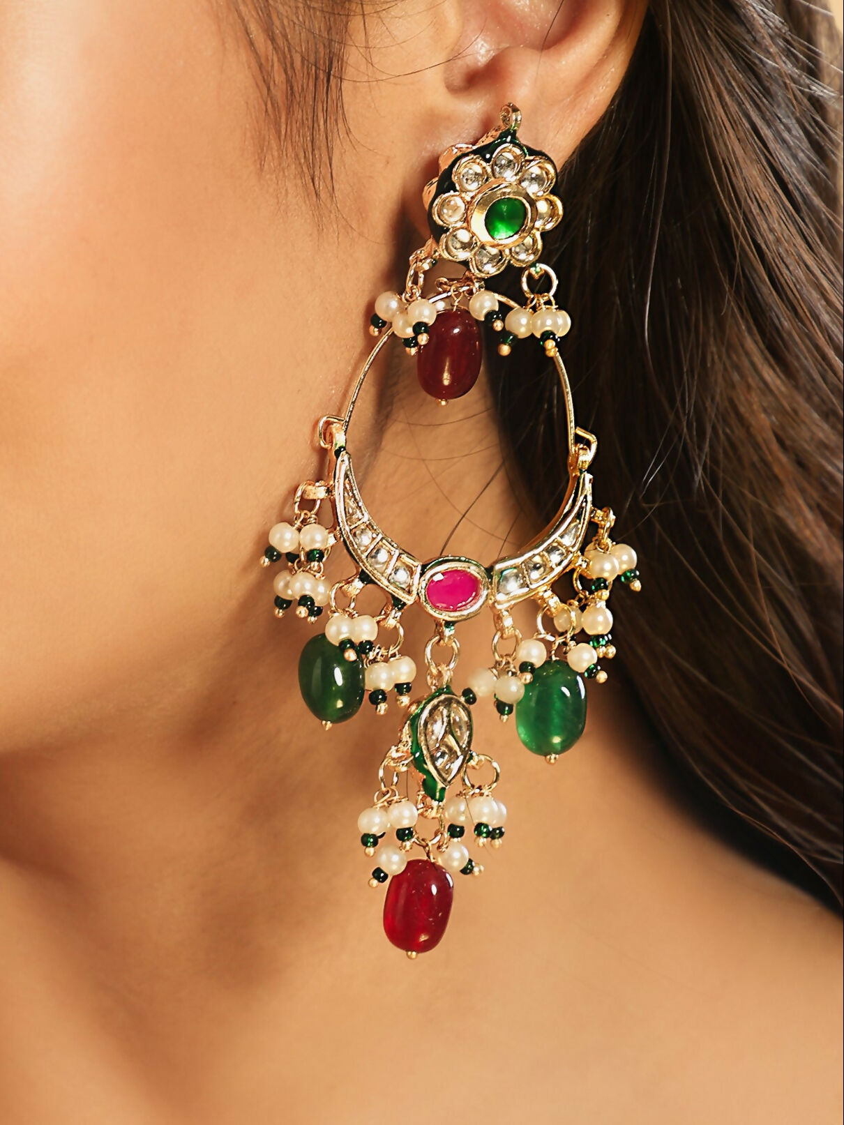 Nuyug 22K Gold Plated Crescent Kundan Drop Red Stone Chandbali Earrings