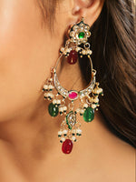 Thumbnail for Nuyug 22K Gold Plated Crescent Kundan Drop Red Stone Chandbali Earrings