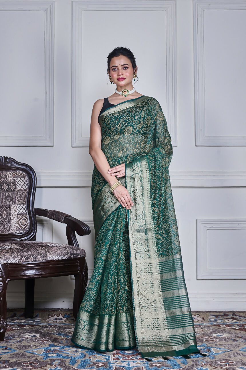 Morchari Green Script Printed Orzanga Saree Unstitched Blouse - Distacart