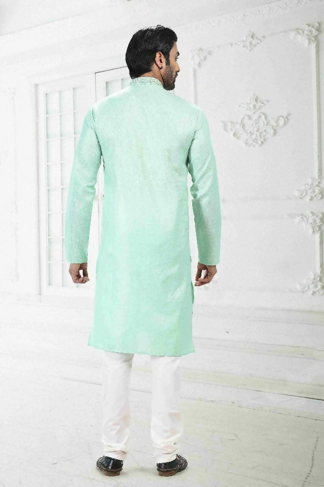 Raivat Ethnic Linen Cotton Thread Work Kurta Pajama In Pista Green Colour - Dista