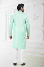 Thumbnail for Raivat Ethnic Linen Cotton Thread Work Kurta Pajama In Pista Green Colour - Dista