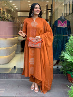 Thumbnail for The52 Orange Women's Gorgeous Chanderi Fabric Embroidered Work Straight Kurta Pant and Dupatta Set - Distacart
