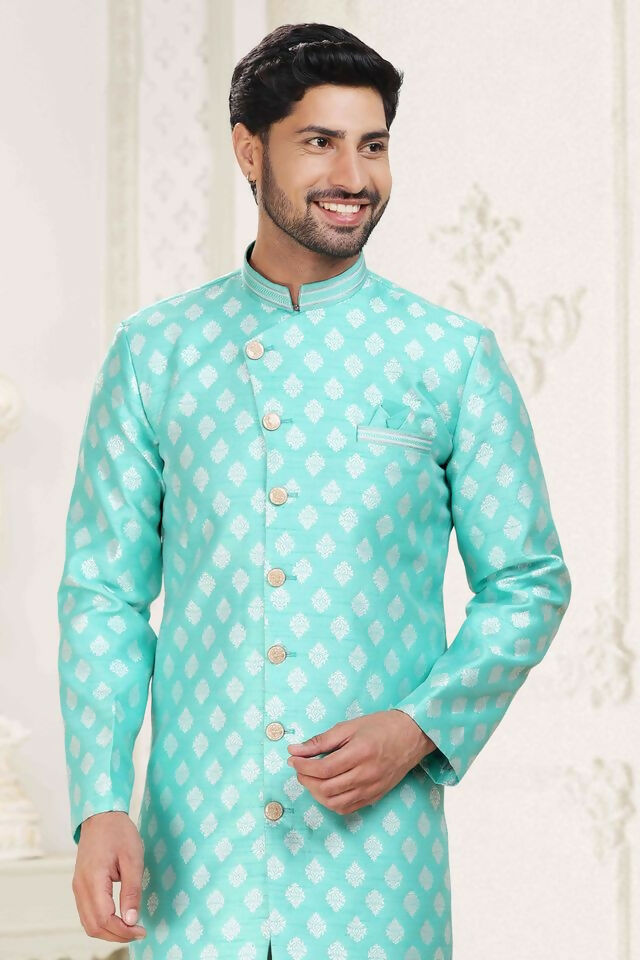 Raivat Ethnic Banarasi Jacquard Embroidery Semi Indo Western Sherwani In Green Colour