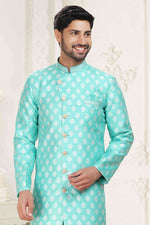 Thumbnail for Raivat Ethnic Banarasi Jacquard Embroidery Semi Indo Western Sherwani In Green Colour