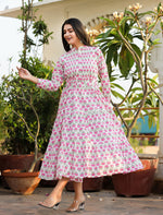 Thumbnail for Kaajh Women's Pink Floral Print Cotton Handblock Dress - Distacart