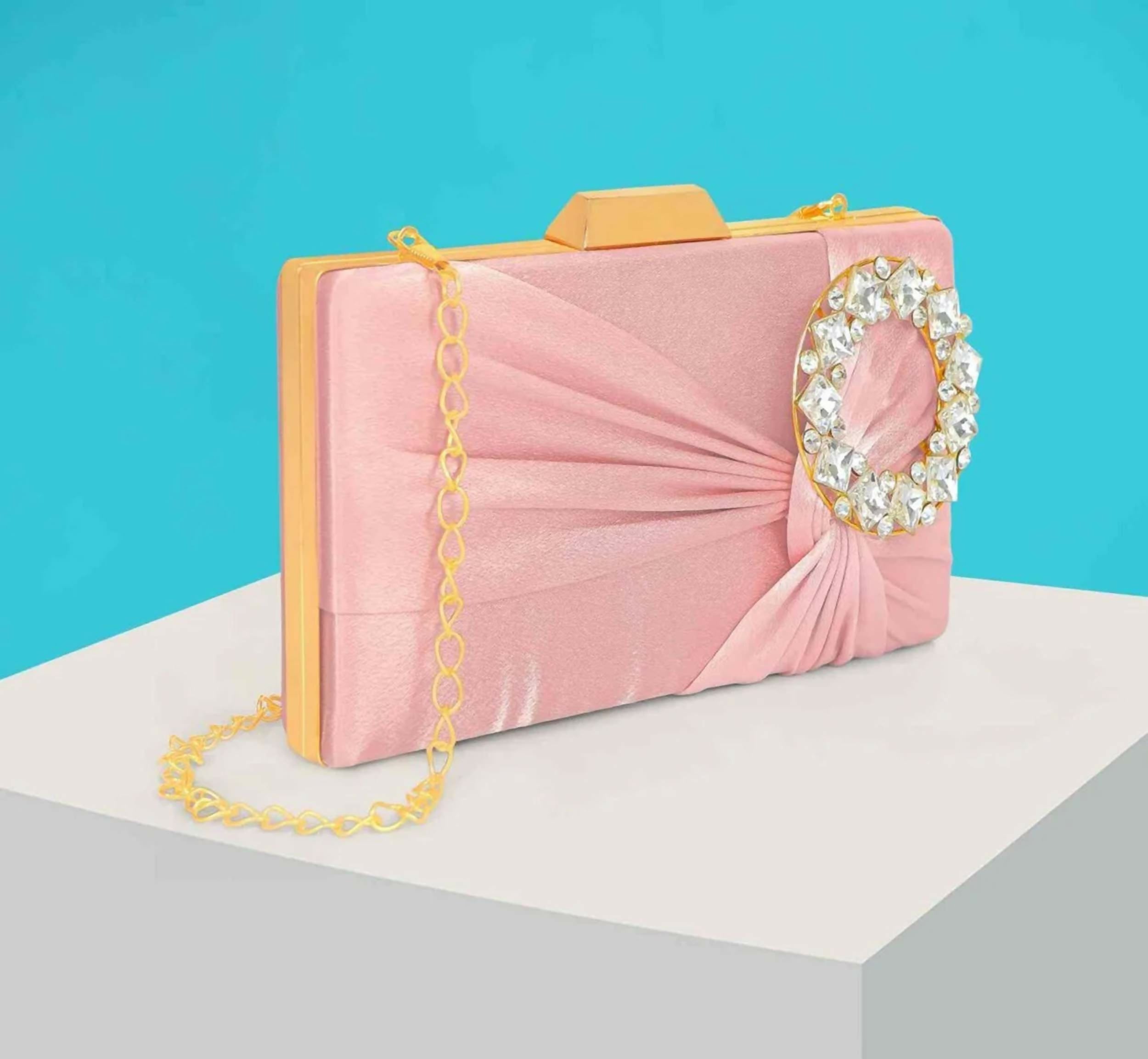 Joban Fashion Luxurious Satin Evening Clutch With Detachable Chain Strap - Pink - Dista