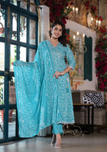 Thumbnail for Embroidered & Printed Angrakha Style Kurta With Pant & Dupatta, Blue - Hiral Fashion - Distacart