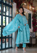 Thumbnail for Embroidered & Printed Angrakha Style Kurta With Pant & Dupatta, Blue - Hiral Fashion - Distacart