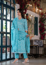 Thumbnail for Embroidered & Printed Angrakha Style Kurta With Pant & Dupatta, Blue - Hiral Fashion - Distacart