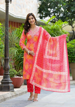 Thumbnail for Applique Embroidered & Bandhani Printed Kurta With Pant & Printed Dupatta, Orange - Hiral Fashion - Distacart