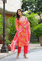 Thumbnail for Applique Embroidered & Bandhani Printed Kurta With Pant & Printed Dupatta, Orange - Hiral Fashion - Distacart