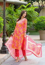 Thumbnail for Applique Embroidered & Bandhani Printed Kurta With Pant & Printed Dupatta, Orange - Hiral Fashion - Distacart
