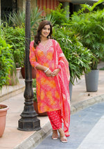 Thumbnail for Applique Embroidered & Bandhani Printed Kurta With Pant & Printed Dupatta, Orange - Hiral Fashion - Distacart