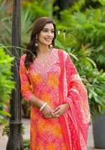 Thumbnail for Applique Embroidered & Bandhani Printed Kurta With Pant & Printed Dupatta, Orange - Hiral Fashion - Distacart