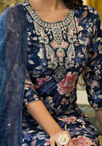 Thumbnail for Applique Embroidered & Floral Printed Kurta With Pant & Printed Dupatta, Navy Blue - Hiral Fashion - Distacart
