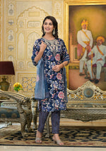 Thumbnail for Applique Embroidered & Floral Printed Kurta With Pant & Printed Dupatta, Navy Blue - Hiral Fashion - Distacart