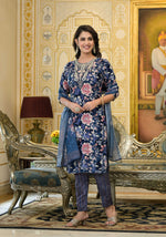 Thumbnail for Applique Embroidered & Floral Printed Kurta With Pant & Printed Dupatta, Navy Blue - Hiral Fashion - Distacart