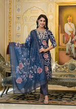 Thumbnail for Applique Embroidered & Floral Printed Kurta With Pant & Printed Dupatta, Navy Blue - Hiral Fashion - Distacart