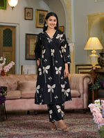 Thumbnail for Floral Printed & Neckline Embroidered Kurta With Palazzo, Black - Hiral Fashion - Distacart