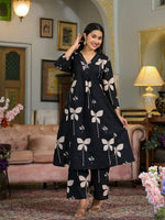 Thumbnail for Floral Printed & Neckline Embroidered Kurta With Palazzo, Black - Hiral Fashion - Distacart