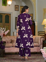 Thumbnail for Floral Printed & Neckline Embroidered Kurta With Palazzo, Violet - Hiral Fashion - Distacart