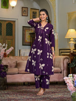 Thumbnail for Floral Printed & Neckline Embroidered Kurta With Palazzo, Violet - Hiral Fashion - Distacart