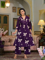 Thumbnail for Floral Printed & Neckline Embroidered Kurta With Palazzo, Violet - Hiral Fashion - Distacart