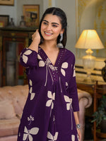 Thumbnail for Floral Printed & Neckline Embroidered Kurta With Palazzo, Violet - Hiral Fashion - Distacart