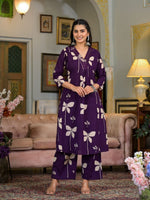 Thumbnail for Floral Printed & Neckline Embroidered Kurta With Palazzo, Violet - Hiral Fashion - Distacart
