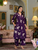 Thumbnail for Floral Printed & Neckline Embroidered Kurta With Palazzo, Violet - Hiral Fashion - Distacart