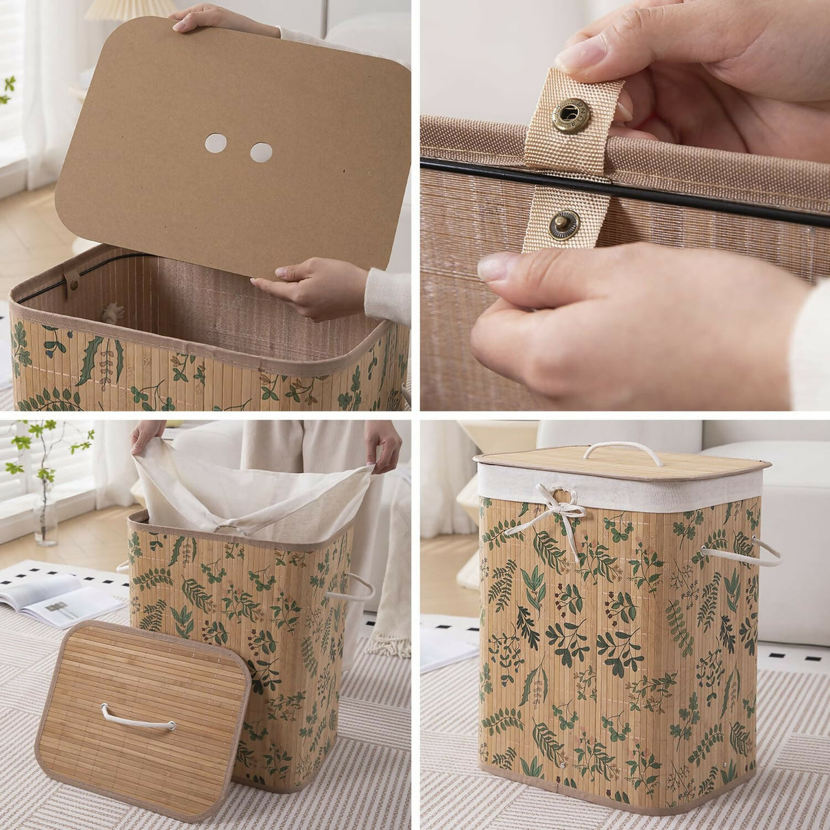 HOKIPO Eco-Friendly Foldable Bamboo Laundry Basket Hamper with Lid - Ficus Leaves - Dista