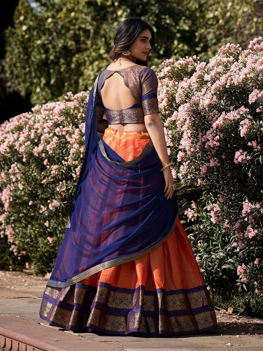 Lorenvalley Orange Kanchipuram Zari Weaving Work Lehenga Choli with Dupatta - Distacart