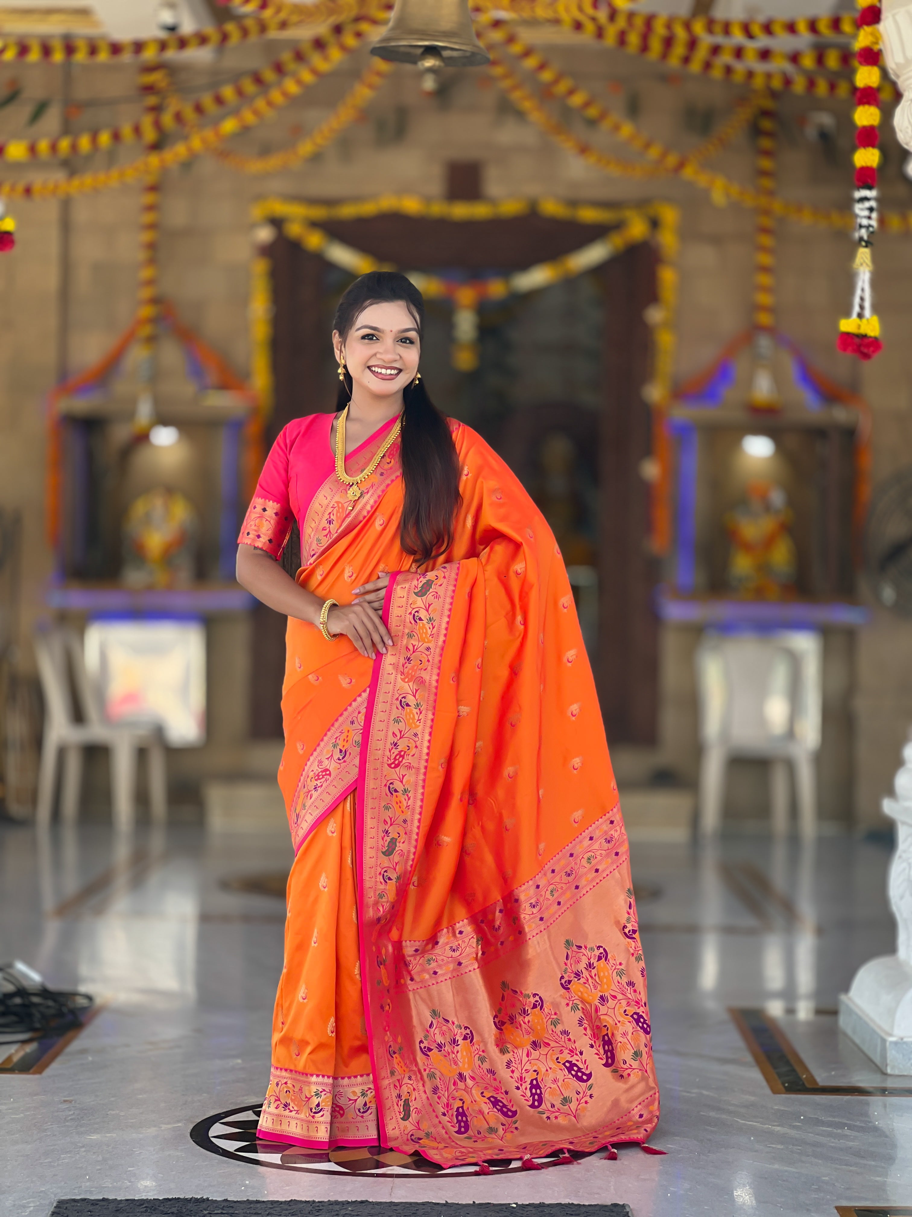 Mameraa Sarees Orange Faux Banarasi Silk Saree With Paithani Rich Weaved Pallu And Blouse-Orange - Dista