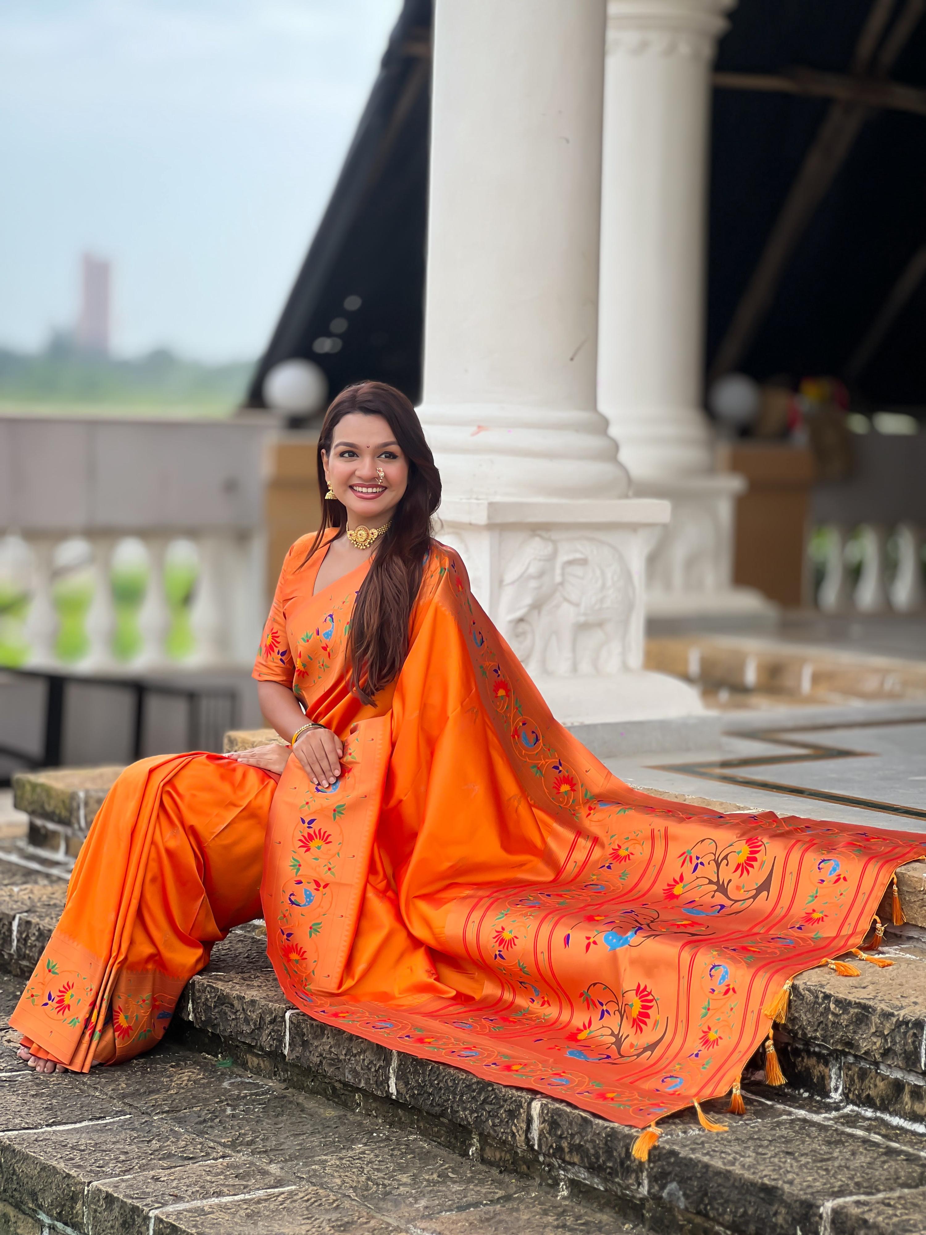 Mameraa Sarees Orange Faux Banarasi Silk Saree With Paithani Rich Weaved Pallu And Blouse-Orange - Dista