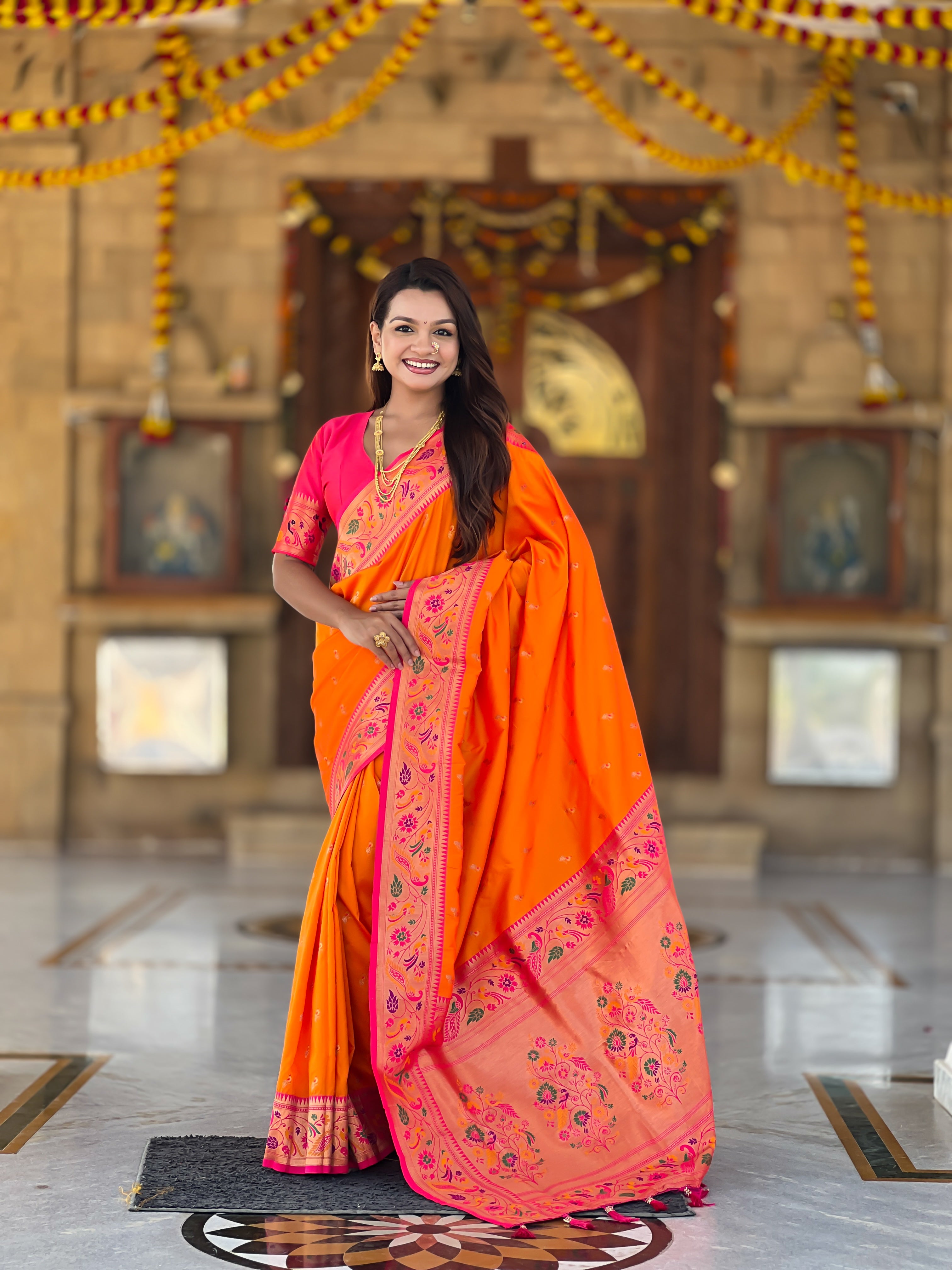 Mameraa Sarees Orange Faux Banarasi Silk Saree With Paithani Rich Weaved Pallu And Blouse-Orange - Dista