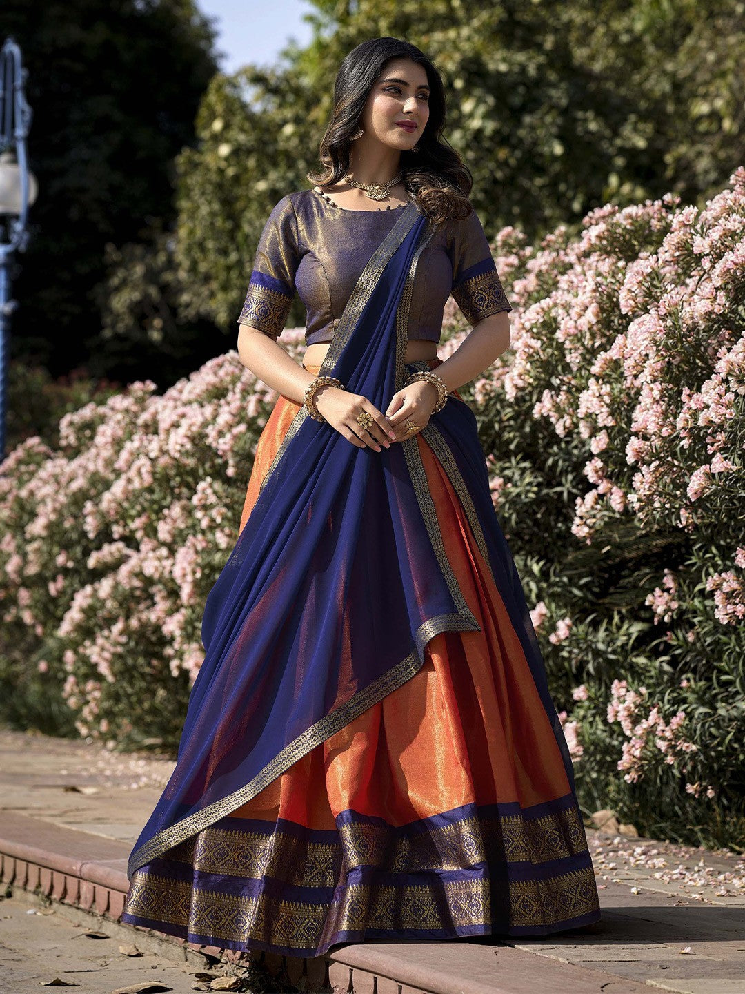 Evanik Women South-Style Kanchipuram Silk Stitched Lehenga With Unstitched Blouse & Dupatta