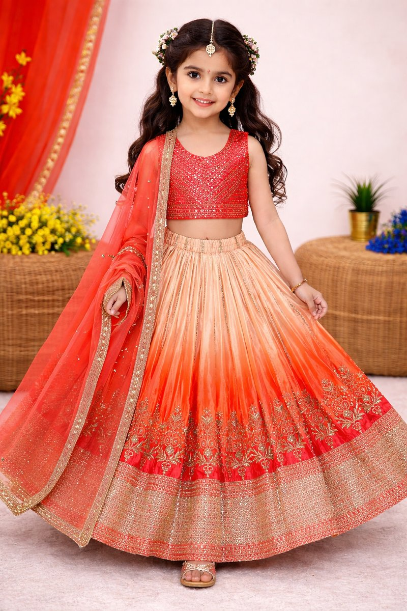 Evanik Orange Designer Chinon Silk Embroidered Work Wedding Lehenga Choli For Kids - Dista